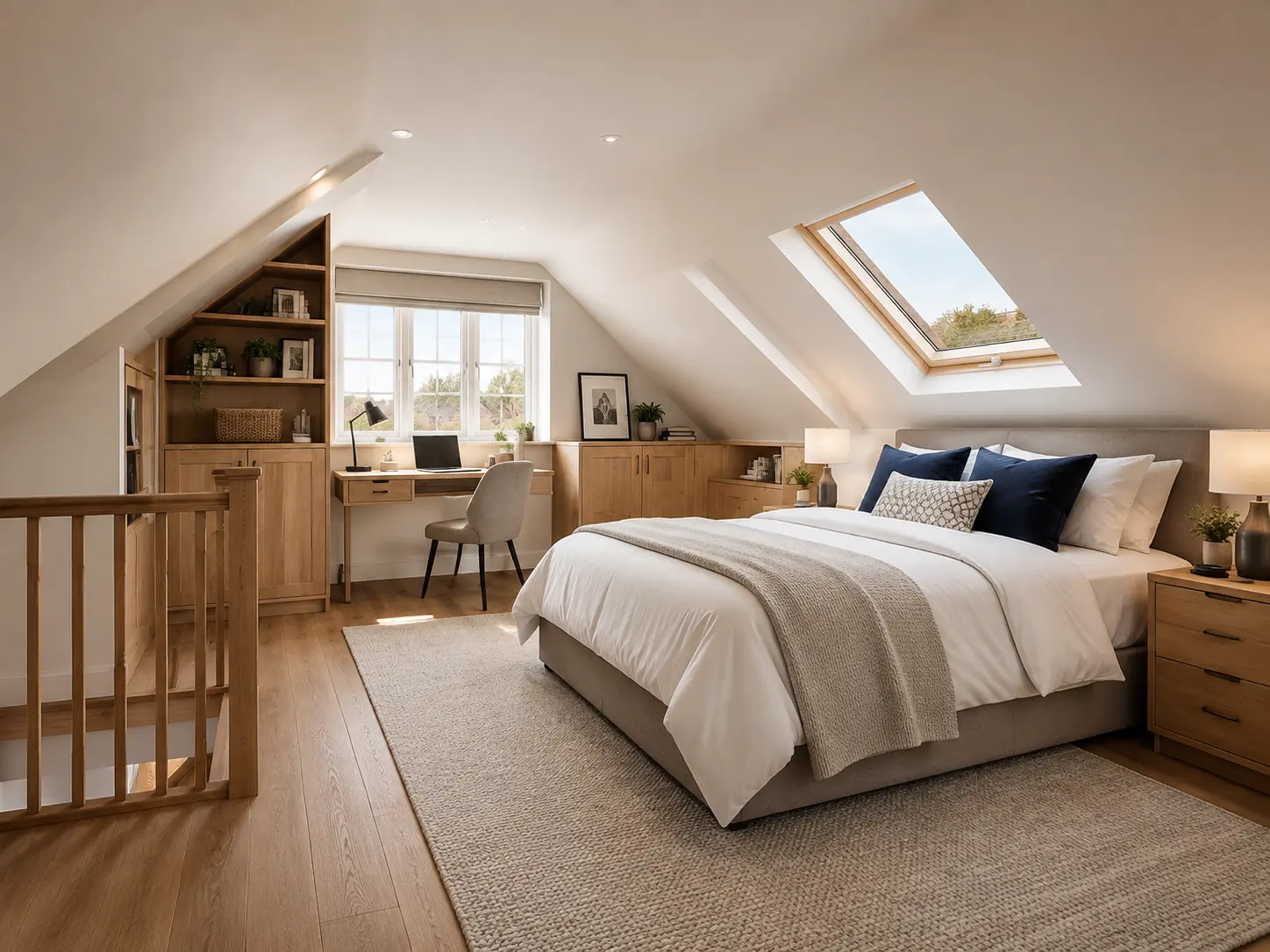 Realistic 3D visualisation of a warm modern UK loft conversion with rooflights, eaves storage, bedroom and work area