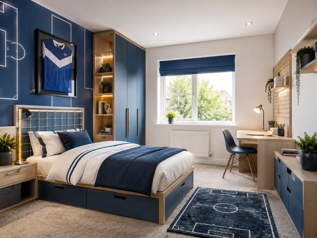 Vibrant football-inspired children's bedroom with organised storage and a study zone